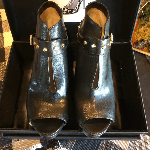 Michael Kors Shoes - MK Pebbled Black Leather Open Toe Gold Buckle Boot